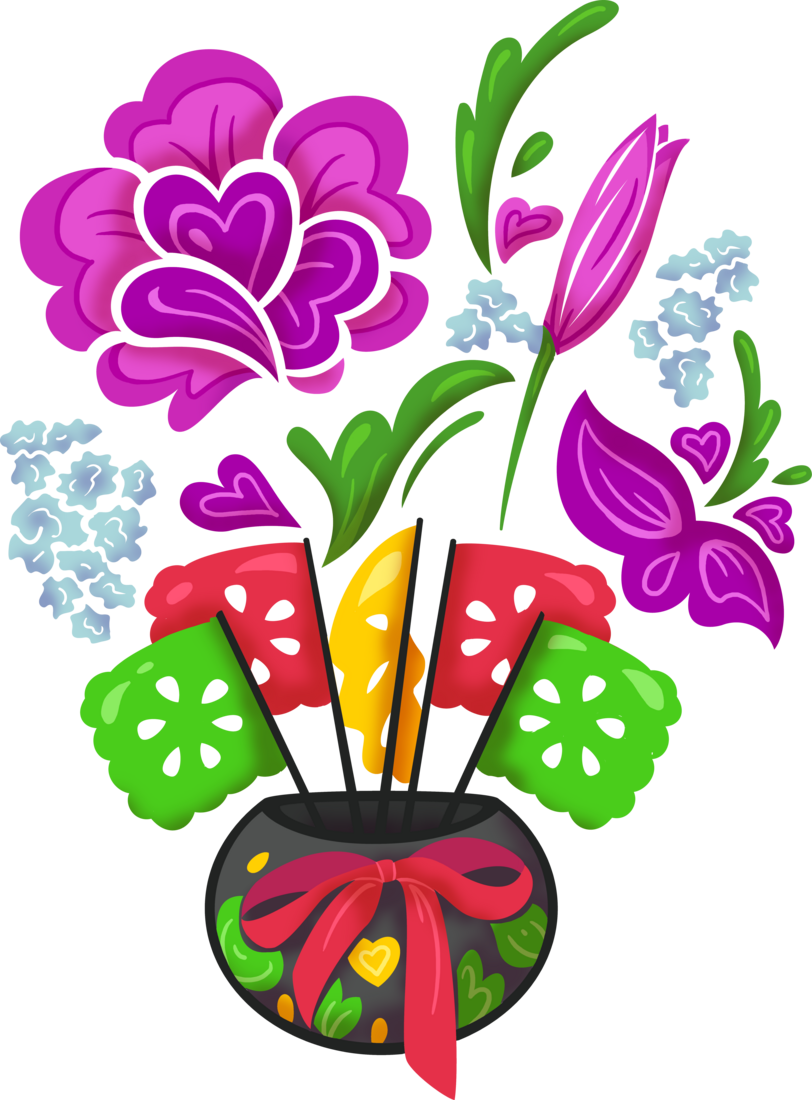 Jarrito de barro con banderitas de papel picado y flores